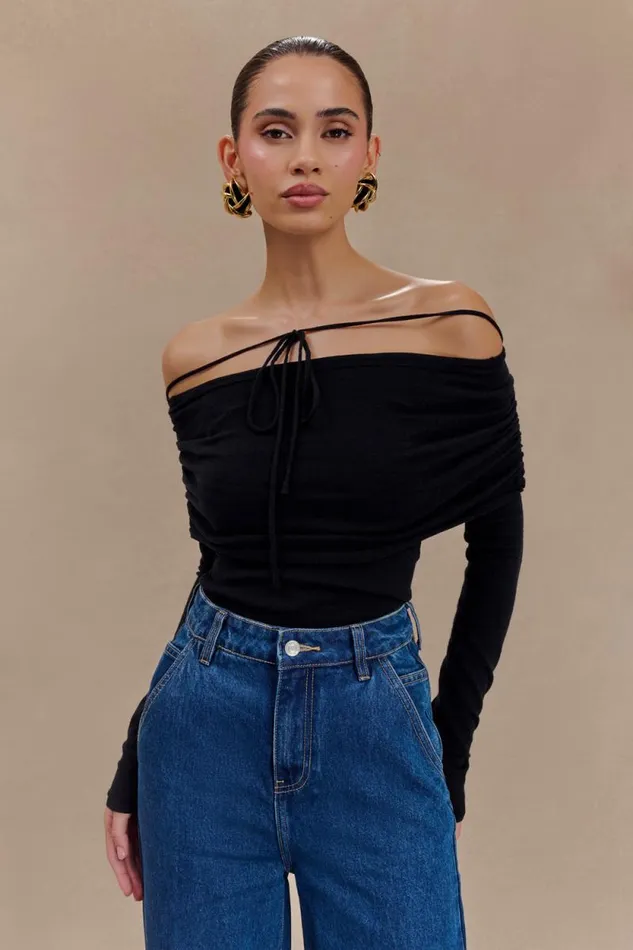 Women Meshki Tops Polly Off Shoulder Long Sleeve Knit Top 8211 Black