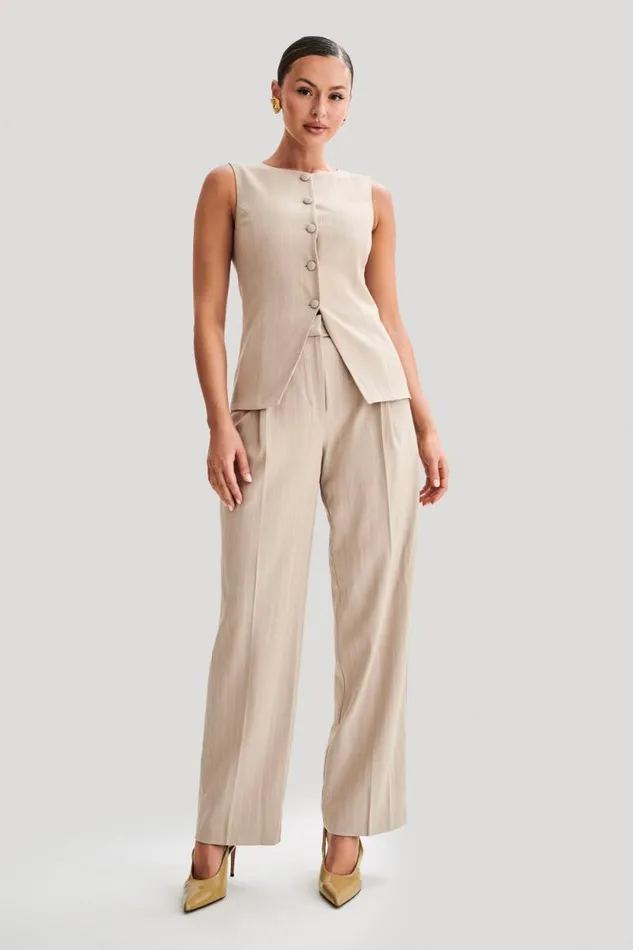 Women Meshki Tops Tracey Suiting Vest 8211 Taupe Pinstripe