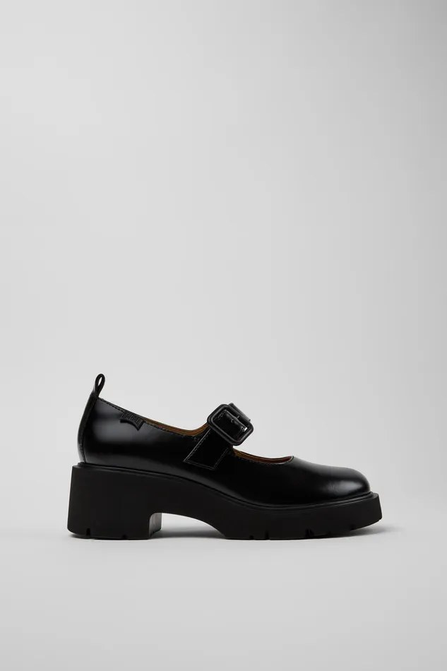 Women Milah Black Leather Shoe Camper Ballerinas