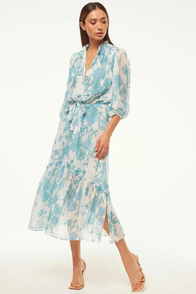 Women MISA Los Angeles Dresses OLIVIA DRESS Turquoise Flora Chiffon