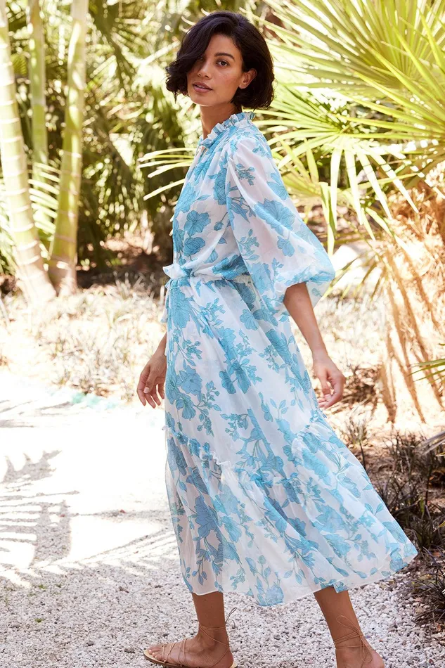 Women MISA Los Angeles Dresses OLIVIA DRESS Turquoise Flora Chiffon