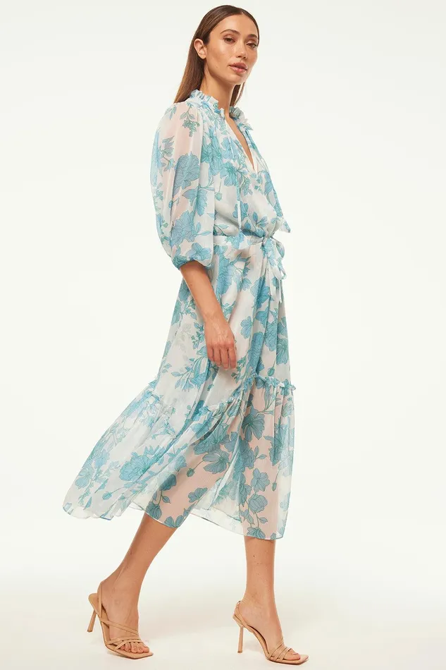 Women MISA Los Angeles Dresses OLIVIA DRESS Turquoise Flora Chiffon