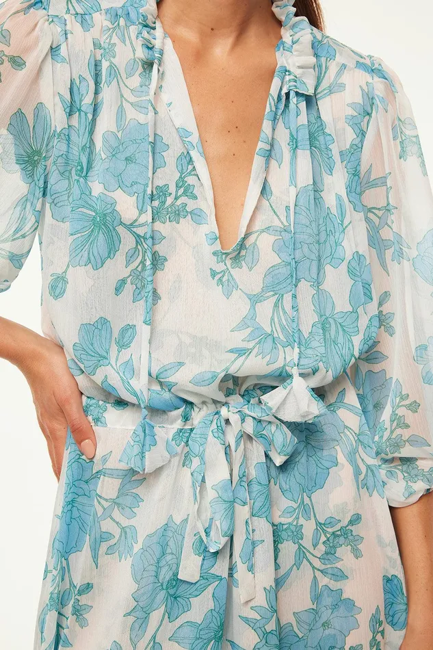Women MISA Los Angeles Dresses OLIVIA DRESS Turquoise Flora Chiffon