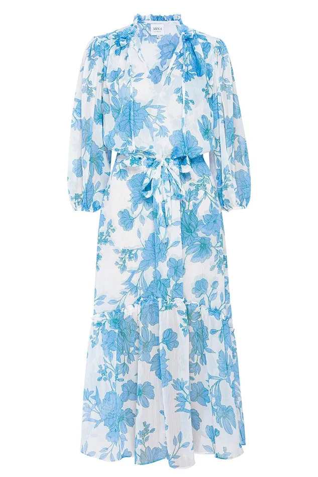 Women MISA Los Angeles Dresses OLIVIA DRESS Turquoise Flora Chiffon