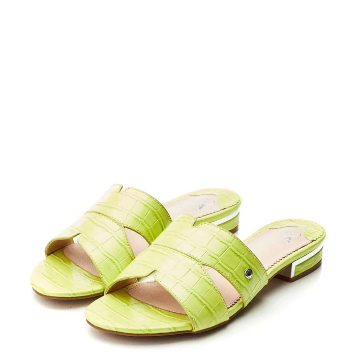 Women Moda In Pelle Slider Sandals Murah Lime Green Patent Mocc Croc