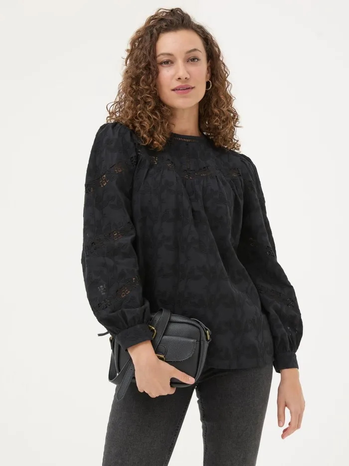 Women Shirts and Blouses Fat Face Black Ana 100 Cotton Detail Blouse