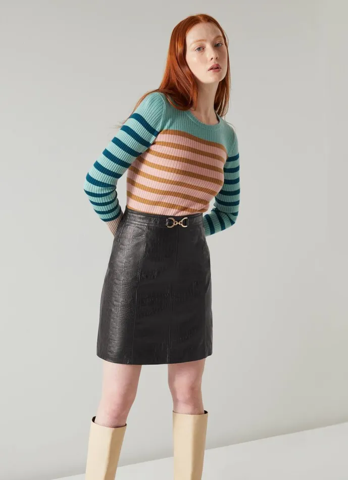Women Skirts LKBennett Aubree Black CrocEmbossed Leather ALine Skirt Black