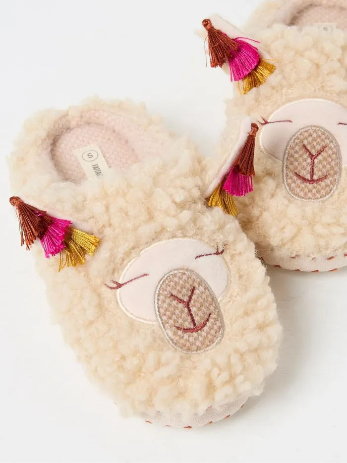Women Slippers Fat Face Lila Ivory Llama Slippers