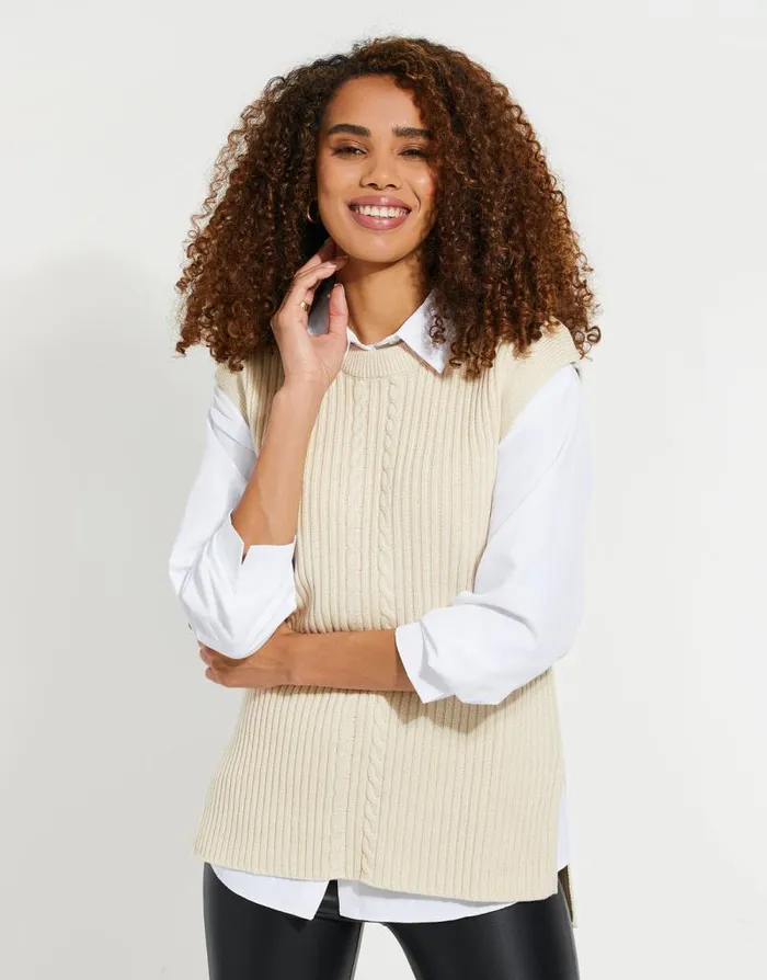 Women Stone Cable Knit Vest Threadbare Jumpers