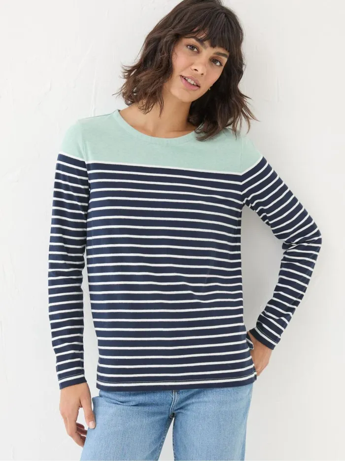 Women Tops and TShirts Fat Face Bex Blue Stripe Button Back Top