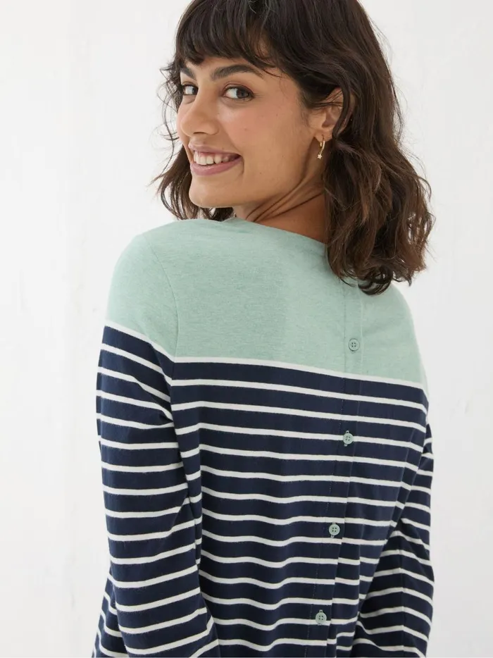 Women Tops and TShirts Fat Face Bex Blue Stripe Button Back Top