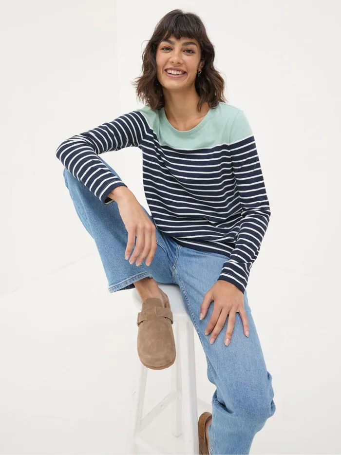 Women Tops and TShirts Fat Face Bex Blue Stripe Button Back Top