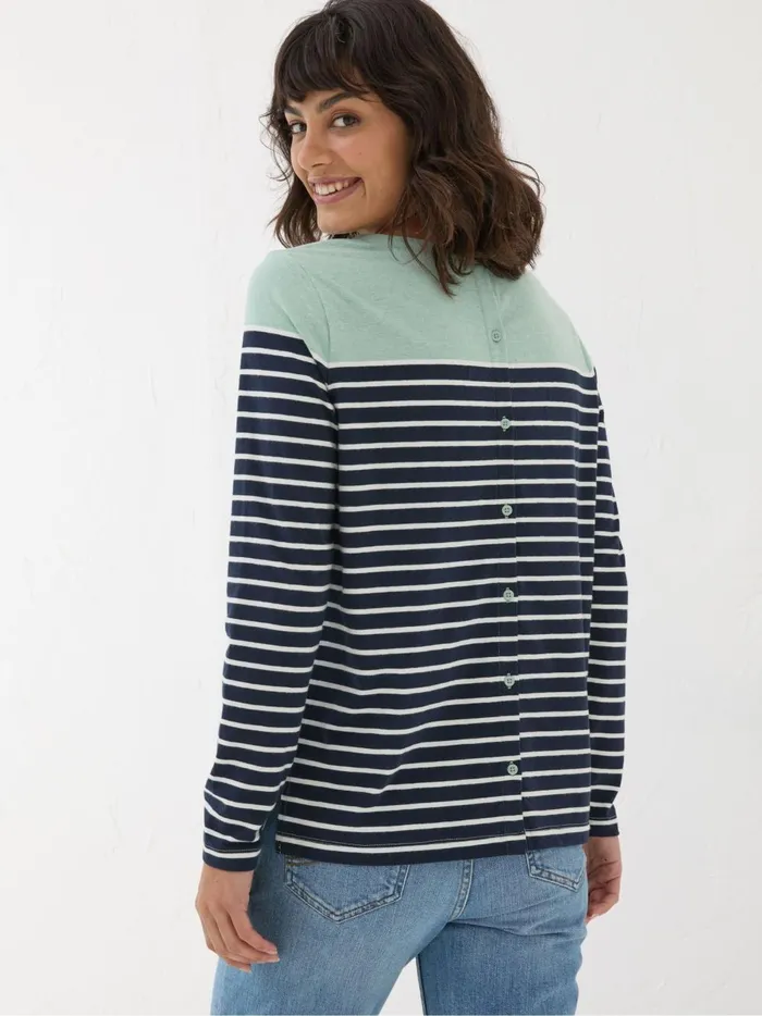 Women Tops and TShirts Fat Face Bex Blue Stripe Button Back Top