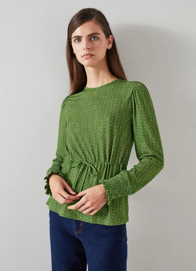 Women Tops LKBennett Ellie Green Chain Print Drawstring Top Green