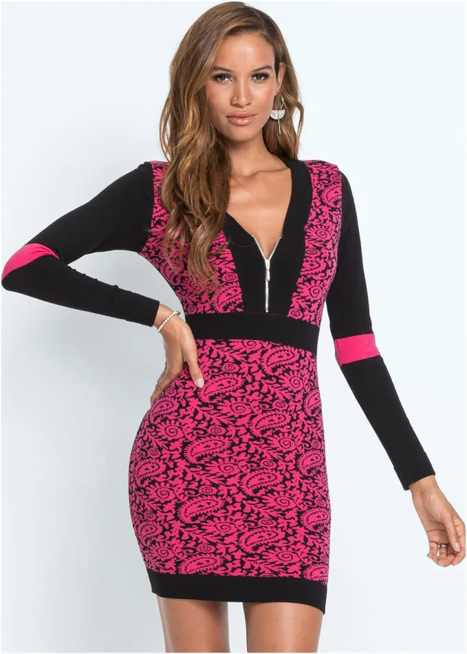 ZIP DETAIL SWEATER DRESS Black and Pink Women VENUS Short Dresses